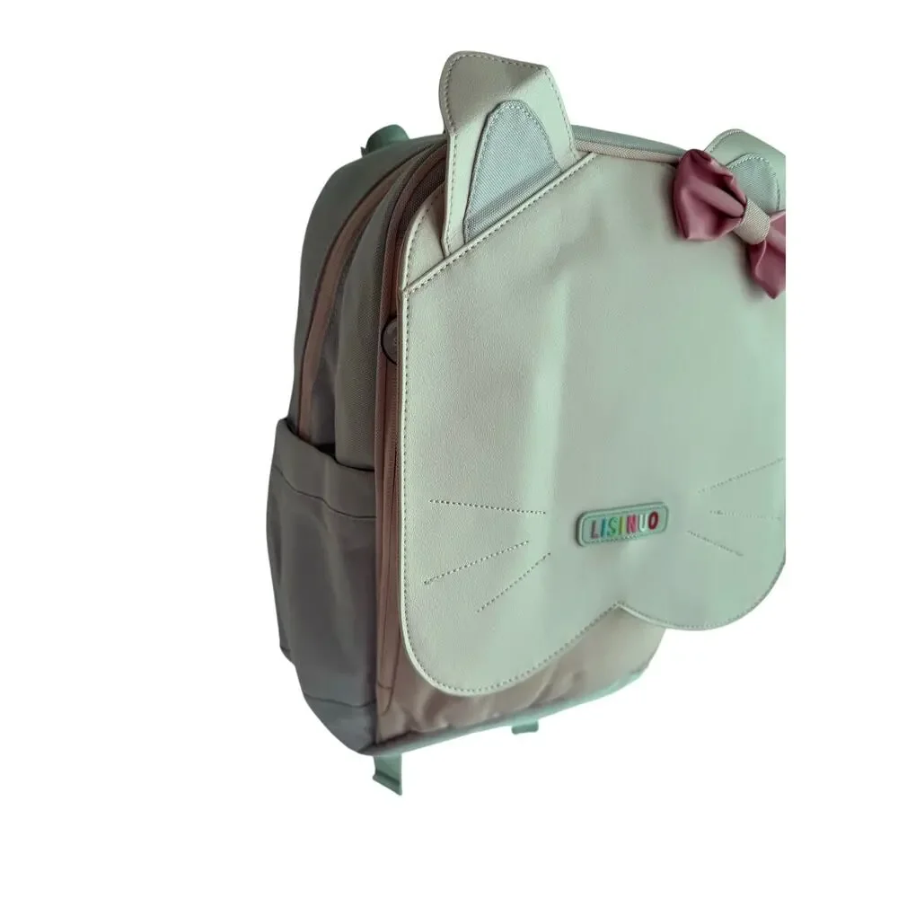 Cat Backpack Pink Mint School Kids Bookbag Bow Design